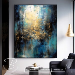 Teal Gold Abstract Painting, Large Original Canvas Wall Art, Modern Handmade Artwork for Living Room or Office, Framed Decor Available