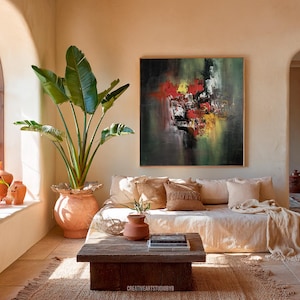 Green and Red Abstract Painting, Original Canvas Art, Handmade Textured Artwork, for Living Room and Home Office, Modern Home Style