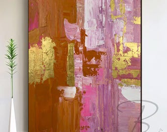 Pink Gold Brown Abstract Wall Art, Textured Acrylic Painting on Canvas, Modern Living Room Decor, Original Contemporary Bedroom Artwork