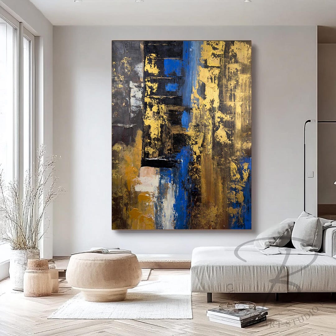 Blue Gold Abstract Statement Wall Art, Large Textured Painting on ...