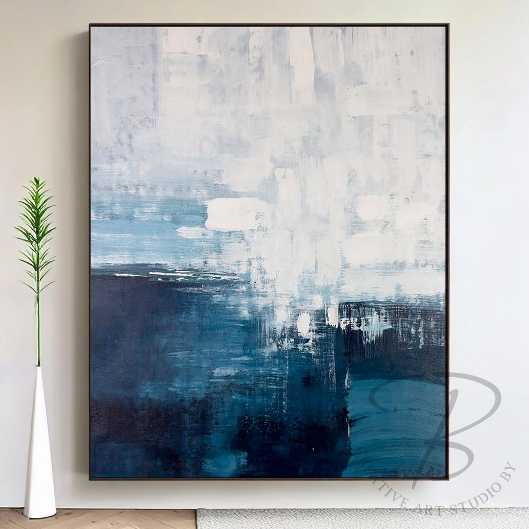 Navy Blue Abstract Painting, Original Textured Seascape Wall Art on ...