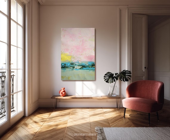 ピンクとブルーの抽象画、質感のある手作りキャンバスアート