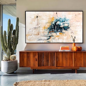 Beige and Blue Abstract Original Canvas Art, Textured Modern Painting with Gold Accents for Living Room, Large Wall Art
