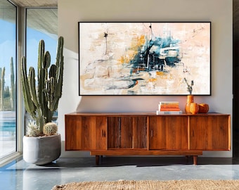 Beige und blaue abstrakte originale Leinwandkunst, strukturierte moderne Malerei mit Goldakzenten für Wohnzimmer, große Wandkunst