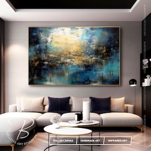 Oversize Minimalist Blue Gold Texture Artwork On Canvas, Long Slim Panoramic Wall Decor Blue Gold, Hand-Painted Navy Deep Blue Gifts
