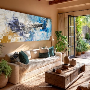 Blue and Gold Abstract Original Painting, Large Textured Canvas Art with Heavy Palette Knife Technique for Living Room Modern Wall Art
