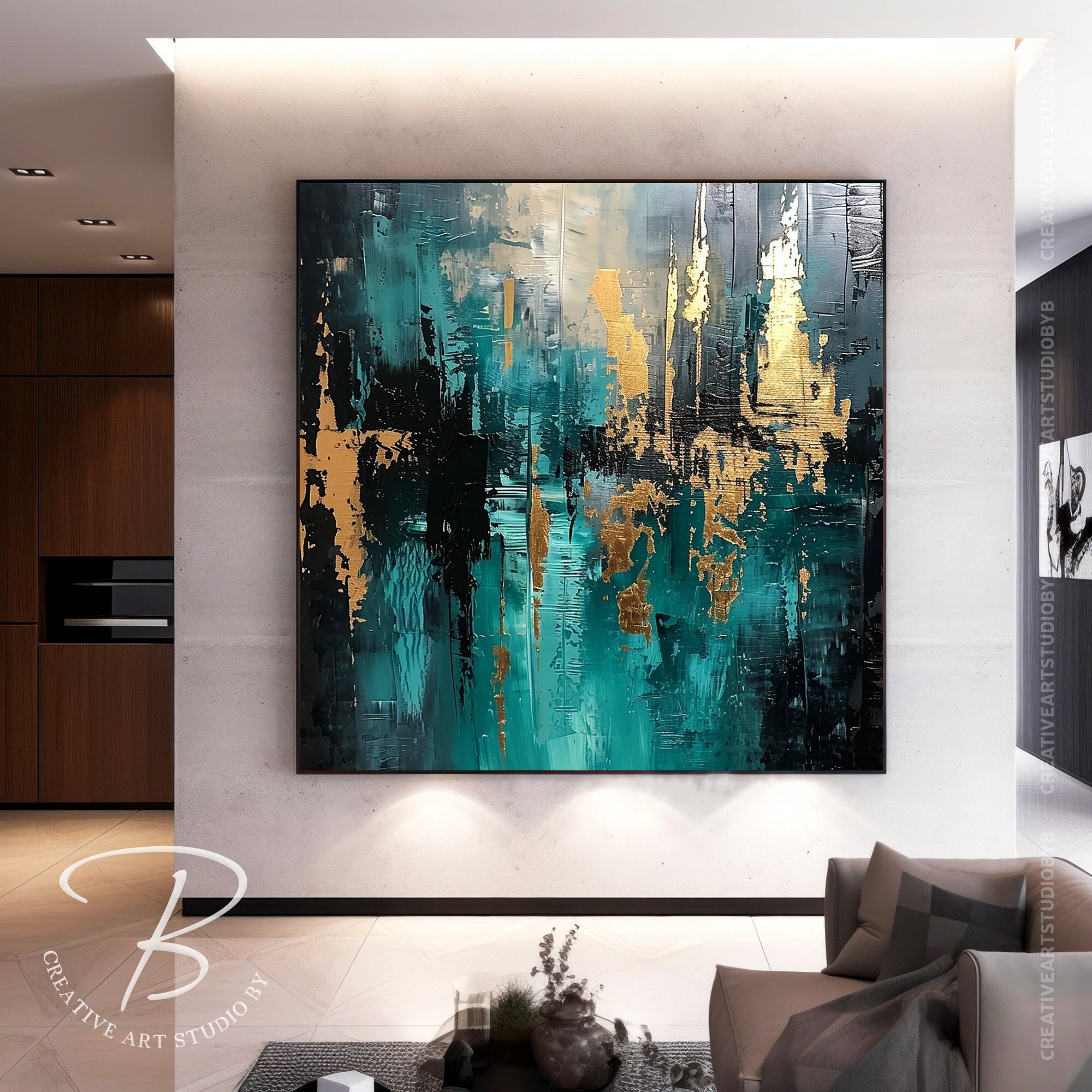 Moderne Original-Türkis- und Golddekoration, einzigartige handgemalte quadratische Wandkunst, übergroßes Texturkunstwerk Türkis-Gold, Geschenk für Mädchen AN4359
