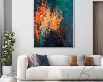 Blaugrünes abstraktes Gemälde, Wandbild, dunkelblaue Leinwand, modernes Wohndekor, Originalkunstwerk, Feuer und Eis