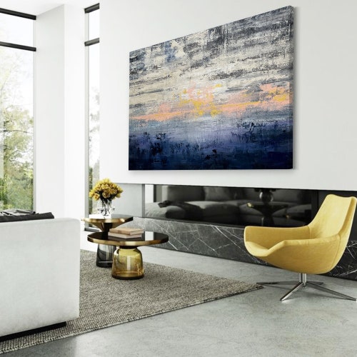 Modern Art Painting, Black White Beige & Blue Abstract Wall Art, Original Canvas shops Art, Abstract Acrylic Painting for Industrial Decor B00013