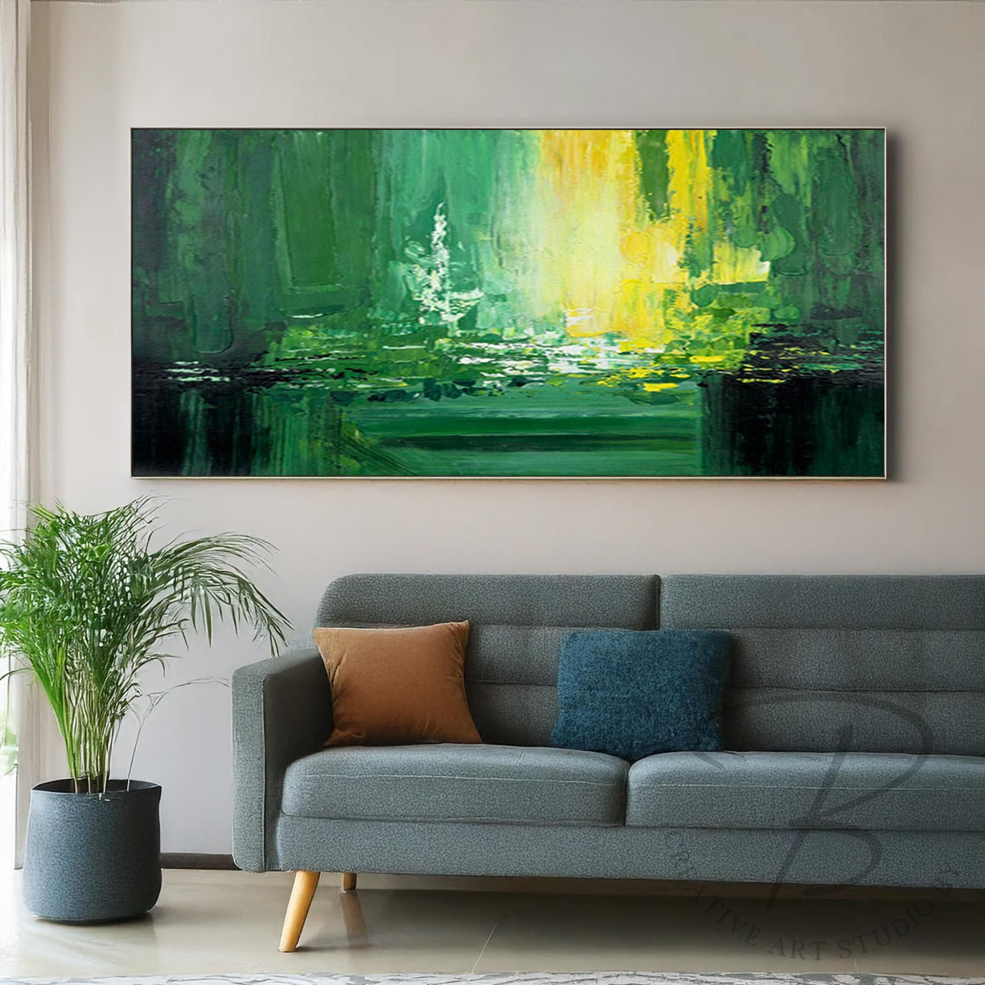 緑と黄色の抽象的な壁アート、エメラルドテクスチャの絵画、モダンな