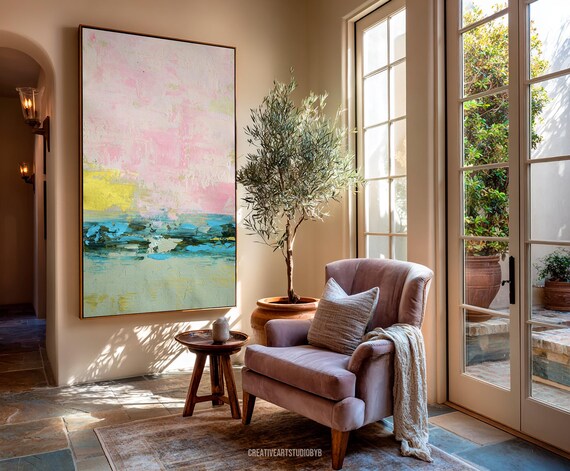 ピンクとブルーの抽象画、質感のある手作りキャンバスアート