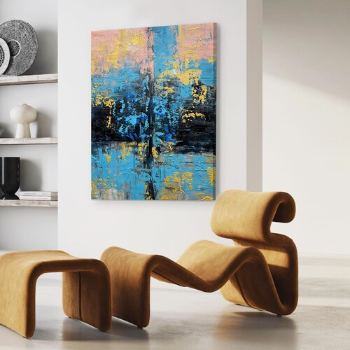 Modern Abstract Wall Art, shops Custom Oil Painting, Large Contemporary Artwork, Original Living Room Wall Decor,Black Blue & Gold Wall Art B00021