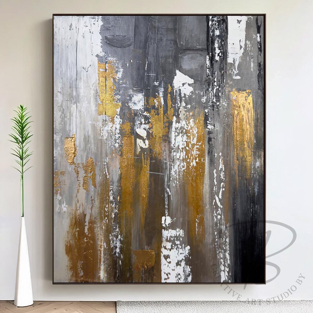 Gray Gold Abstract Painting, Modern Textured Canvas Wall Art, Original ...