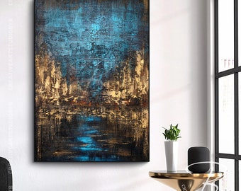 Blue and Gold Wall Art, Heavy Textured Abstract Painting on Canvas, Modern Original Artwork for Office or Living Room Decor