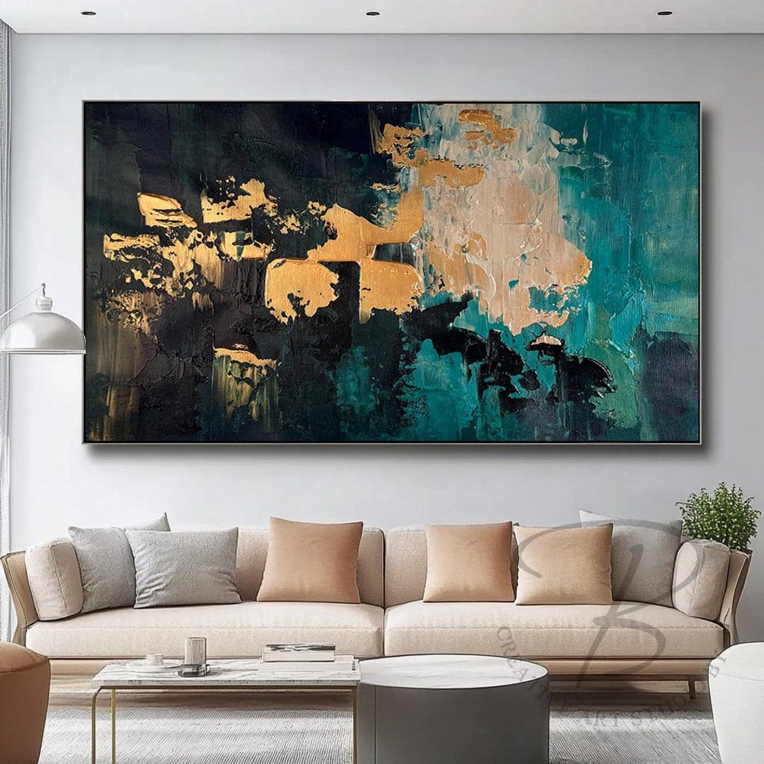 Navy Teal Gold Abstract Wall Art, Original Textured Canvas Painting ...