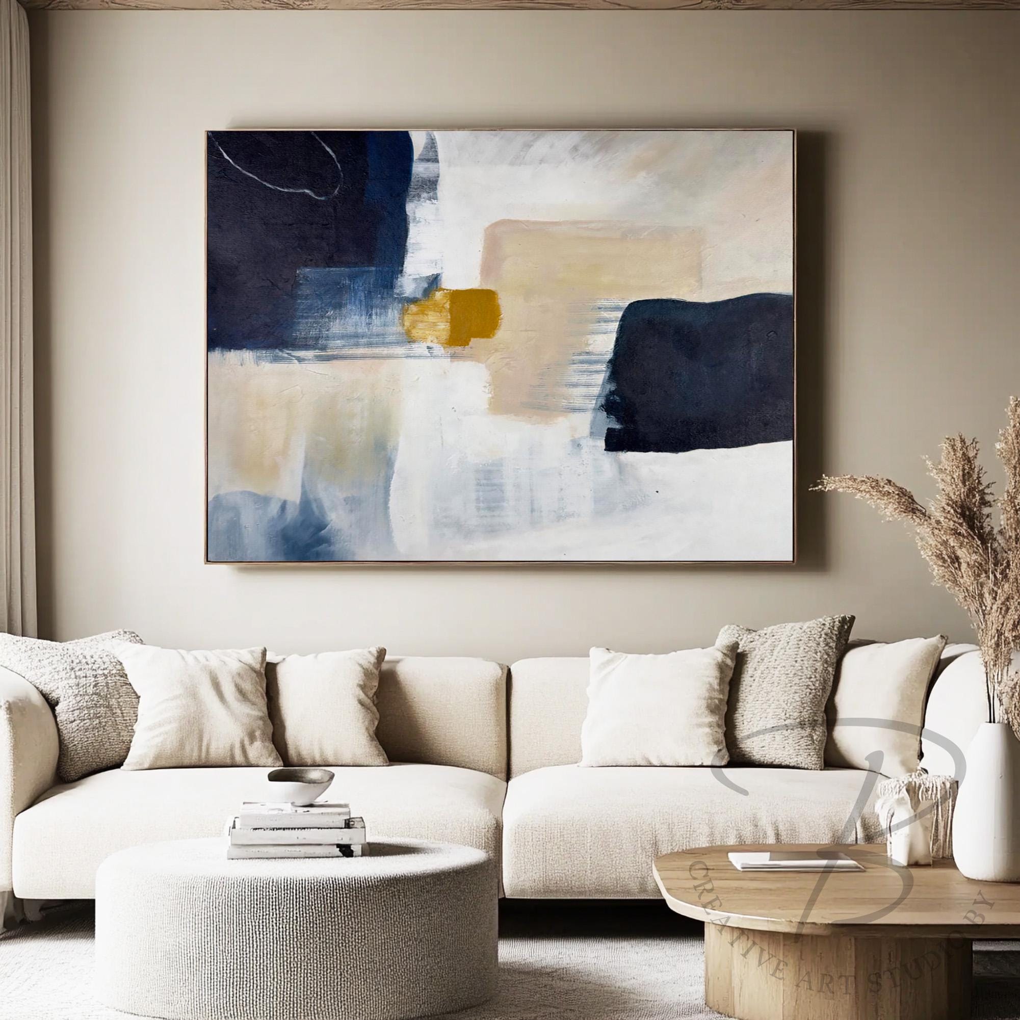 Navy Blue Gold Abstract Wall Art | Textured Contemporary Canvas ...