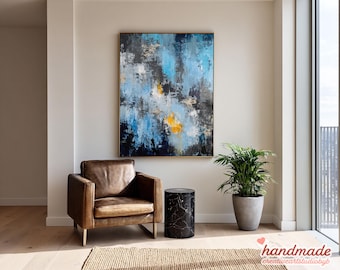Blaue abstrakte Kunst, moderne Malerei in grau und gelb, große texturierte Leinwand Kunstwerk für Wohnzimmer oder Büro, zeitgenössisches Dekor BN0017