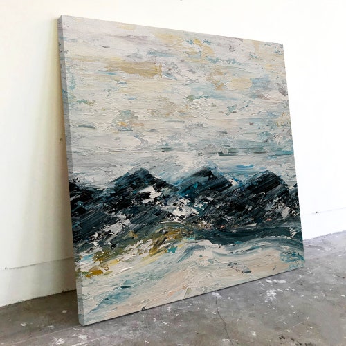 Huge Canvas Painting, shops Black White & Blue Abstract Acrylic Painting, Textured Wall Art, Mountain Wall Art for Room Decor, Oil Painting B00006