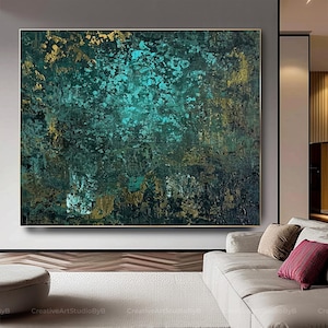 Blaugrüne abstrakte Kunst zum Verkauf, Originalgemälde auf Leinwand, großes modernes Kunstwerk in Blau und Gold, zeitgenössisches Wohndekor