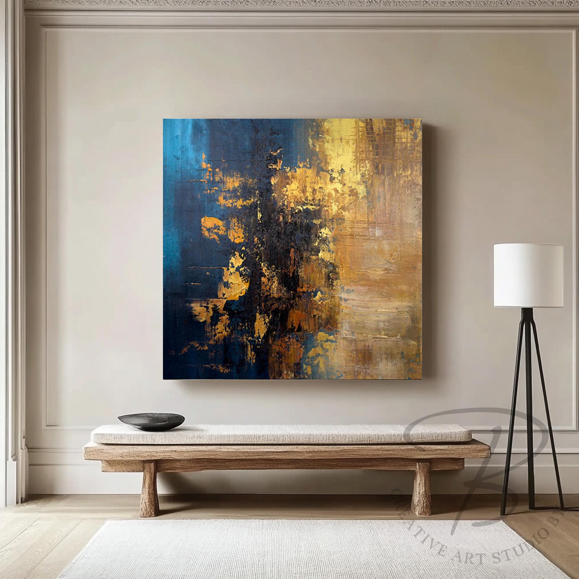 Textured Abstract Wall Art Navy Blue Gold, Original Acrylic Painting on ...