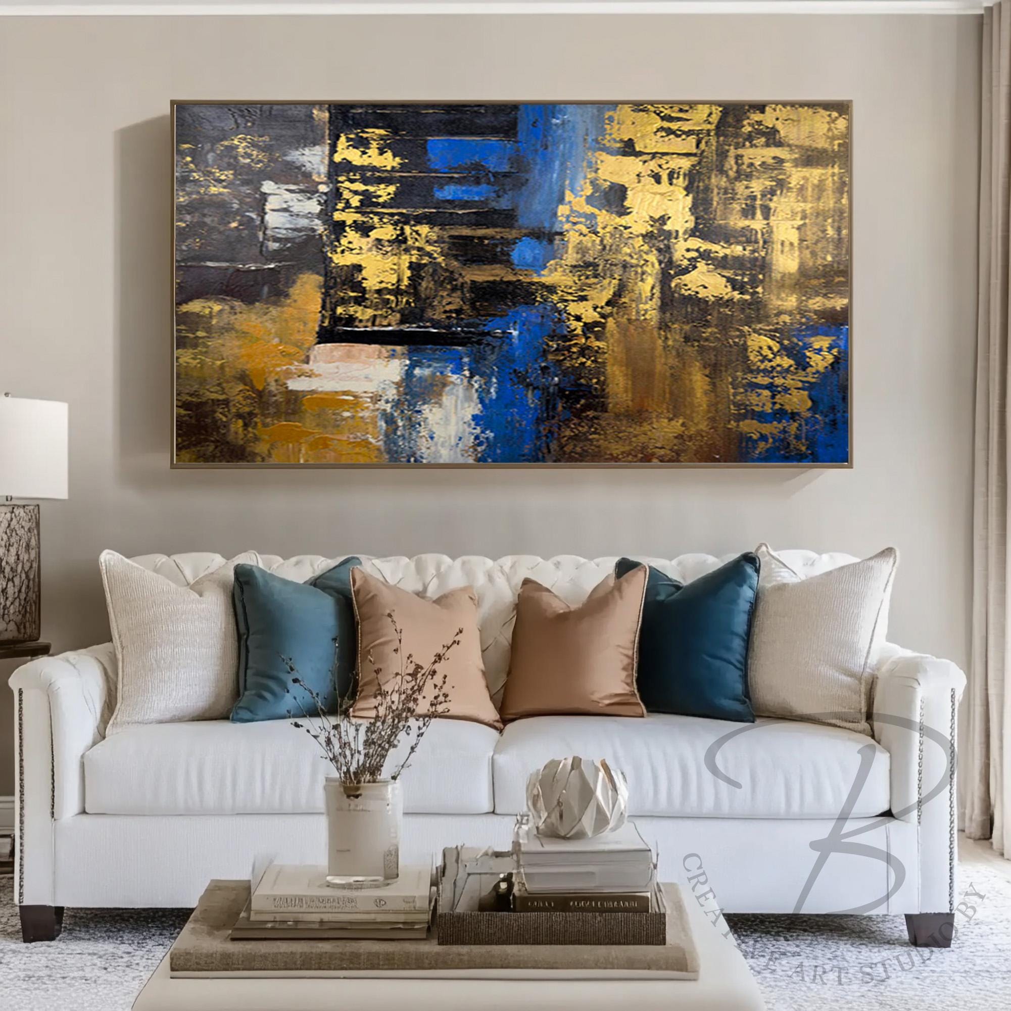 Blue Gold Abstract Statement Wall Art, Large Textured Painting on ...