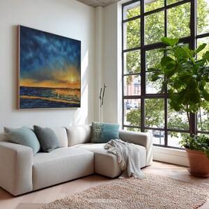 Blue and Orange Sunset Painting, Handmade Ocean Artwork, Original Canvas Art, for Living Room and Bedroom, Modern Home Style