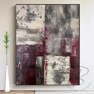 Abstrakte Kunst, Burgunder Grau, Leinwand Gemälde, Moderne Kunst, Original Acrylbild, Weinrot Dekor für Wohnzimmer