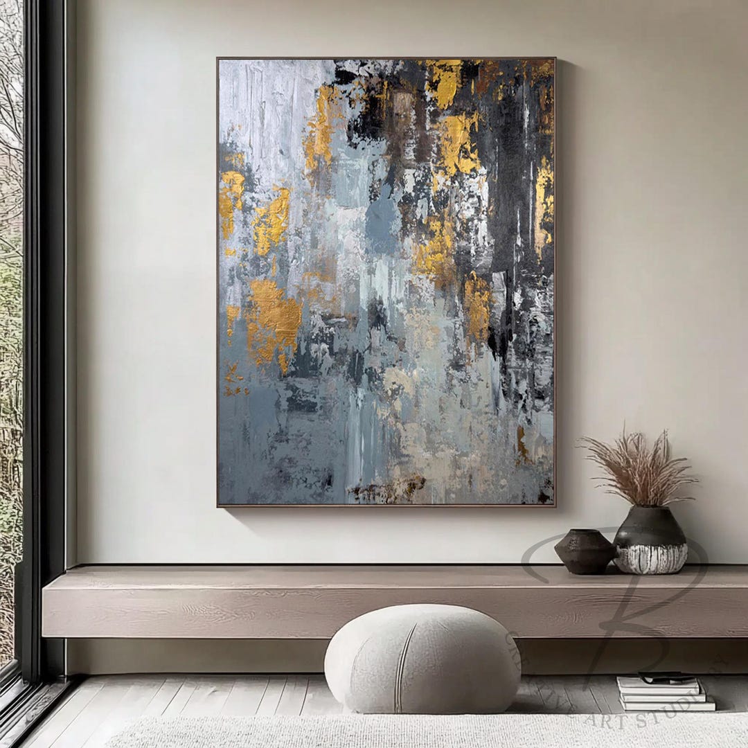 Gold Grey Abstract Painting, Modern Textured Canvas Wall Art Metallic ...