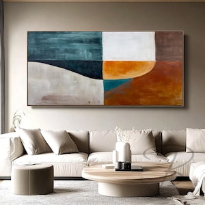 Teal Orange Abstract Wall Art, Modern Geometric Canvas Painting, Textured Minimalist Artwork, Home Decor, Large Wall Art for Living Room