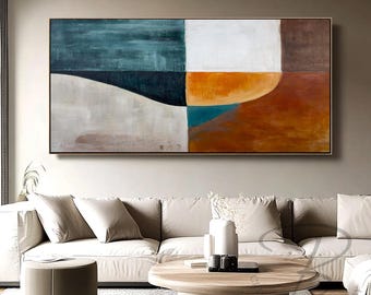 Teal Orange Abstract Wall Art, Modern Geometric Canvas Painting, Textured Minimalist Artwork, Home Decor, Large Wall Art for Living Room