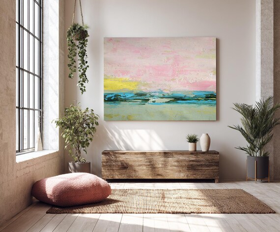 ピンクとブルーの抽象画、質感のある手作りキャンバスアート