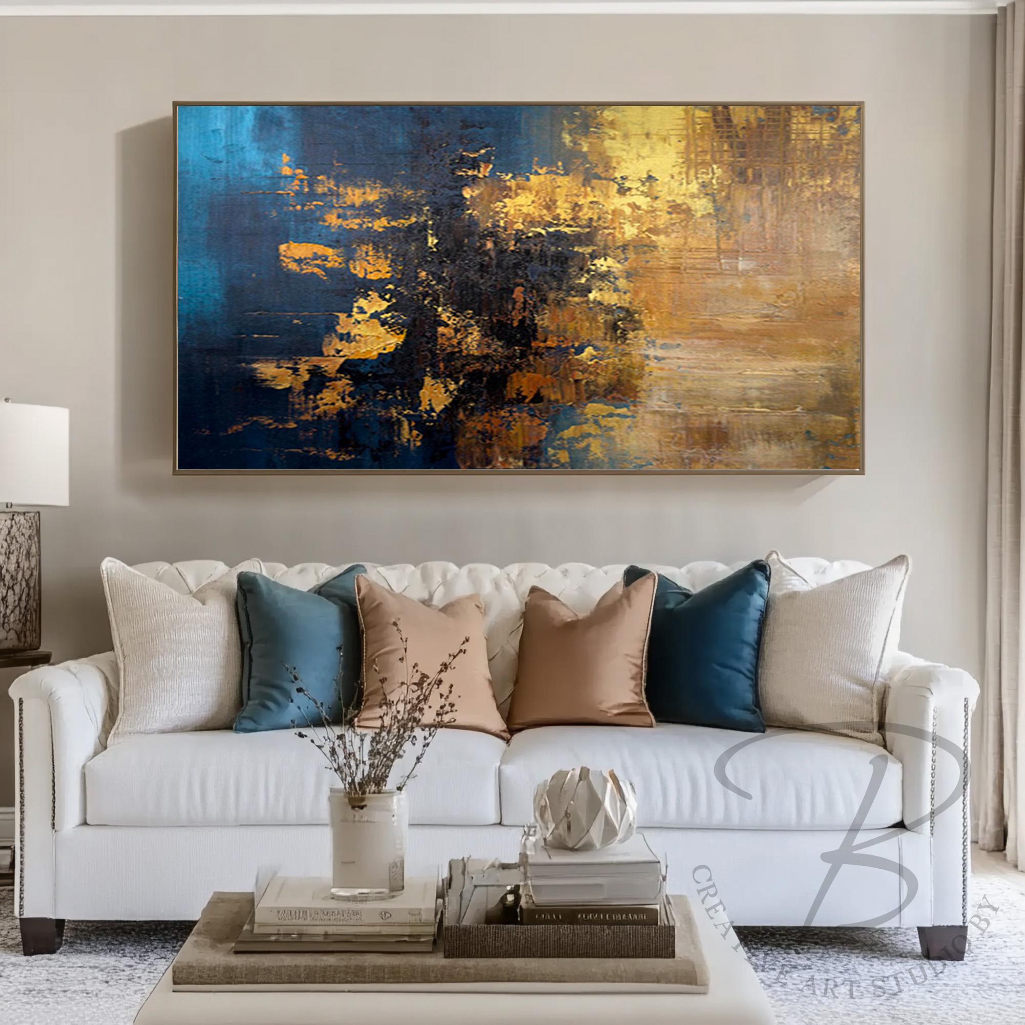 Textured Abstract Wall Art Navy Blue Gold, Original Acrylic Painting on ...