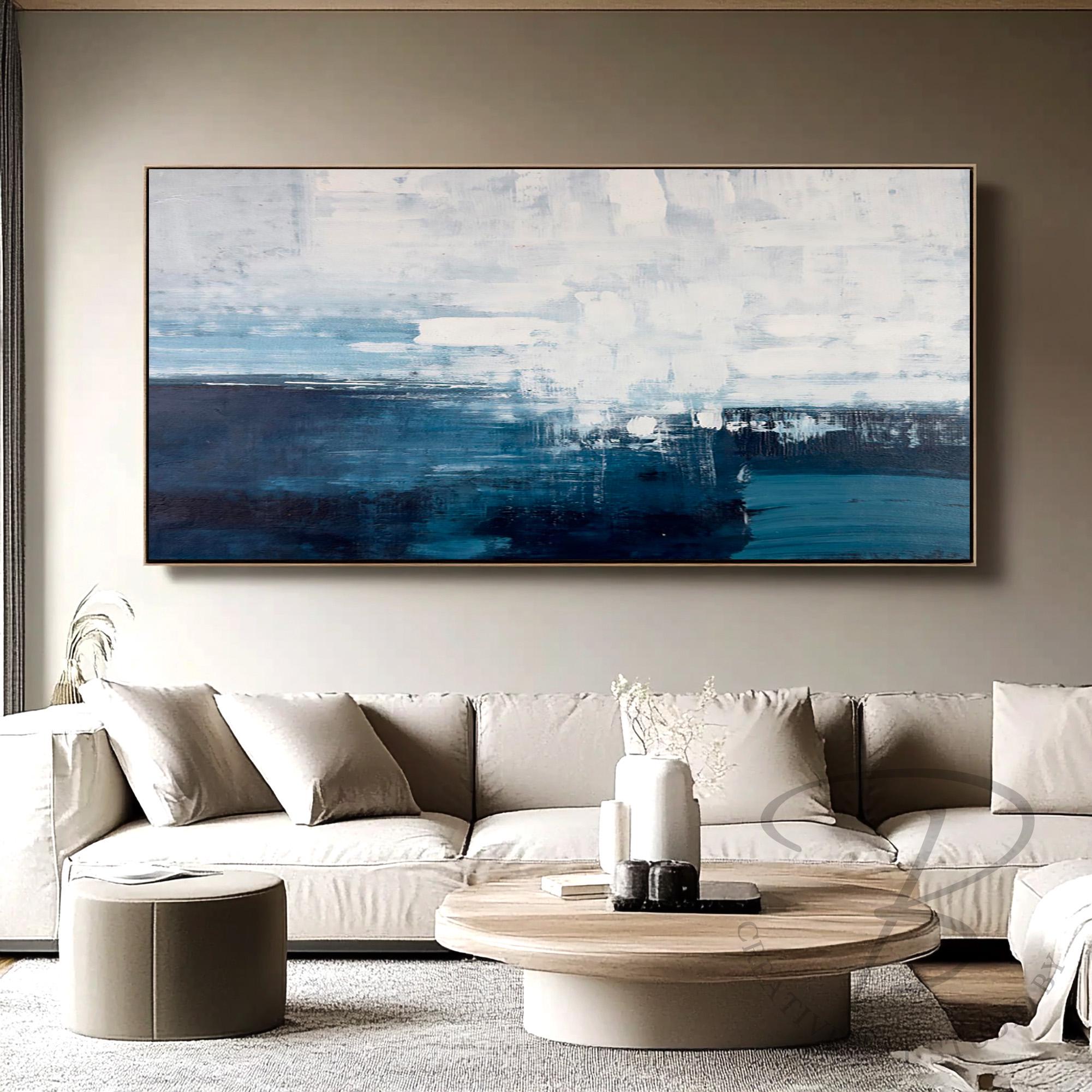 Navy Blue Abstract Painting, Original Textured Seascape Wall Art on ...