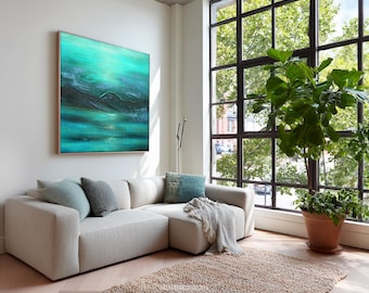 Große türkisfarbene abstrakte Meerlandschaft, originale Leinwandkunst auf Leinwand mit Goldrahmen, großes handgemaltes Meereskunstwerk für Wohnzimmer