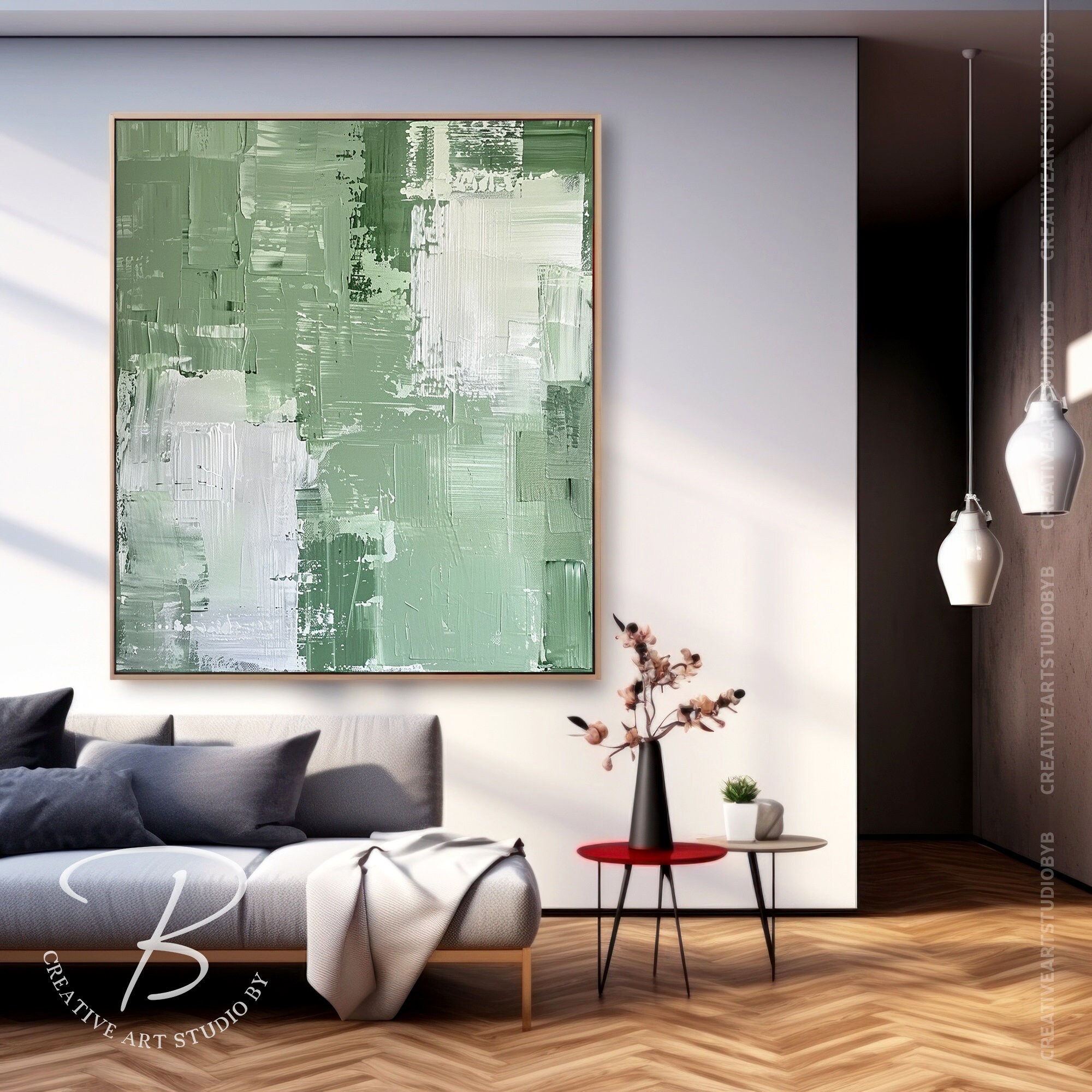 Sage Green Minimalist Wall Art, Large Abstract Painting on Canvas ...