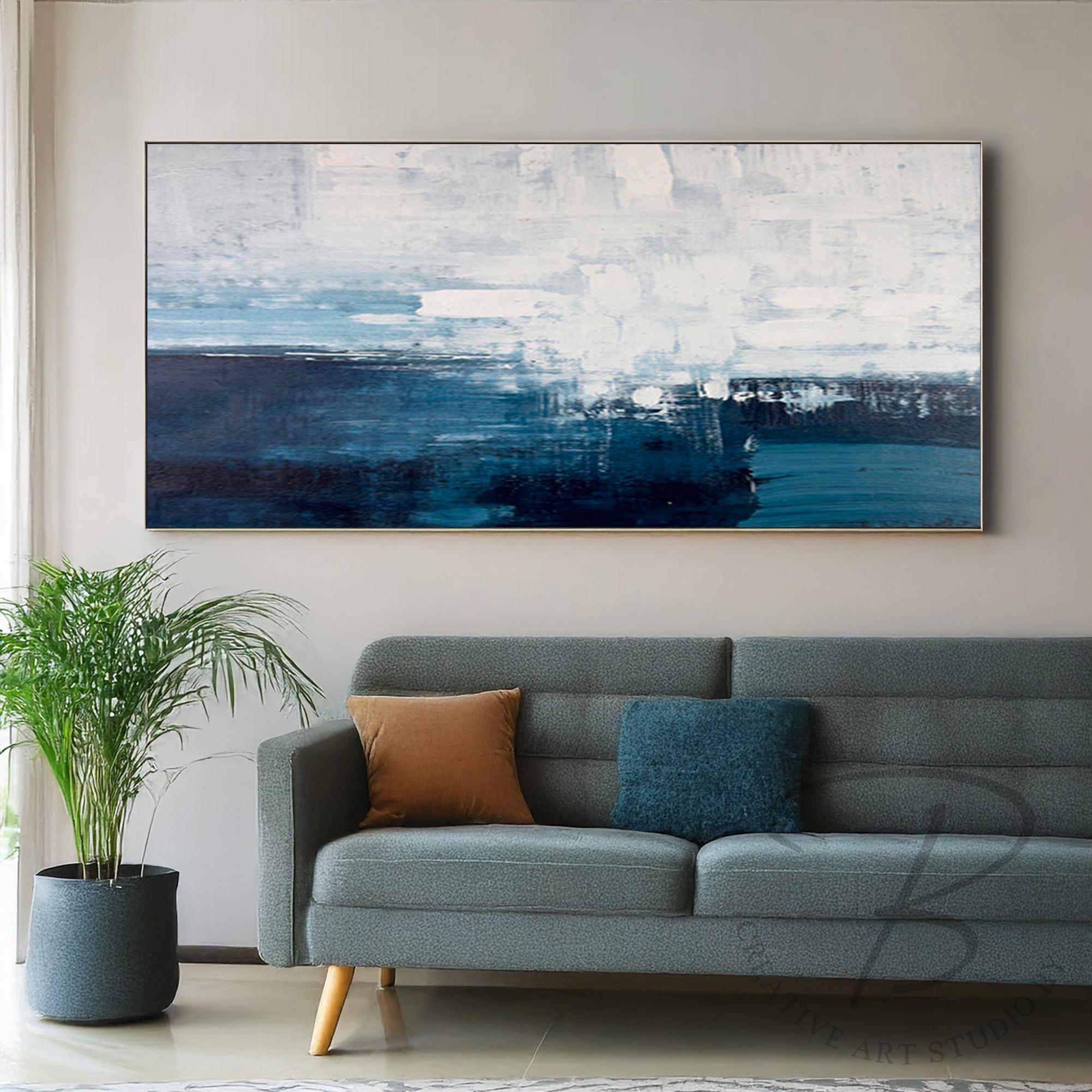 Navy Blue Abstract Painting, Original Textured Seascape Wall Art on ...