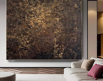 Dark brown textured abstract painting for sale, Large wall art, Gold leaf contemporary canvas, Modern black artwork, Luxury home decor
