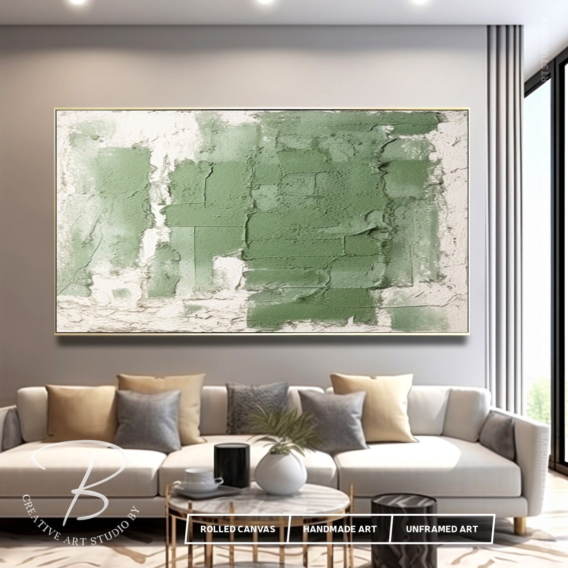Image showcasing Minimalist Green & White Textured Abstract Painting on Canvas, Large ...