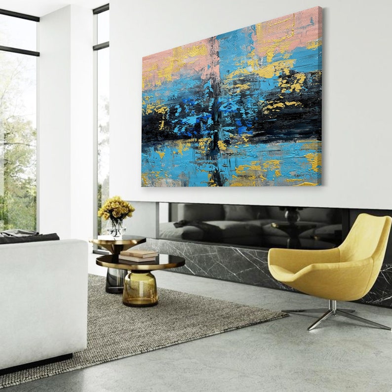 Modern Abstract Wall Art, shops Custom Oil Painting, Large Contemporary Artwork, Original Living Room Wall Decor,Black Blue & Gold Wall Art B00021