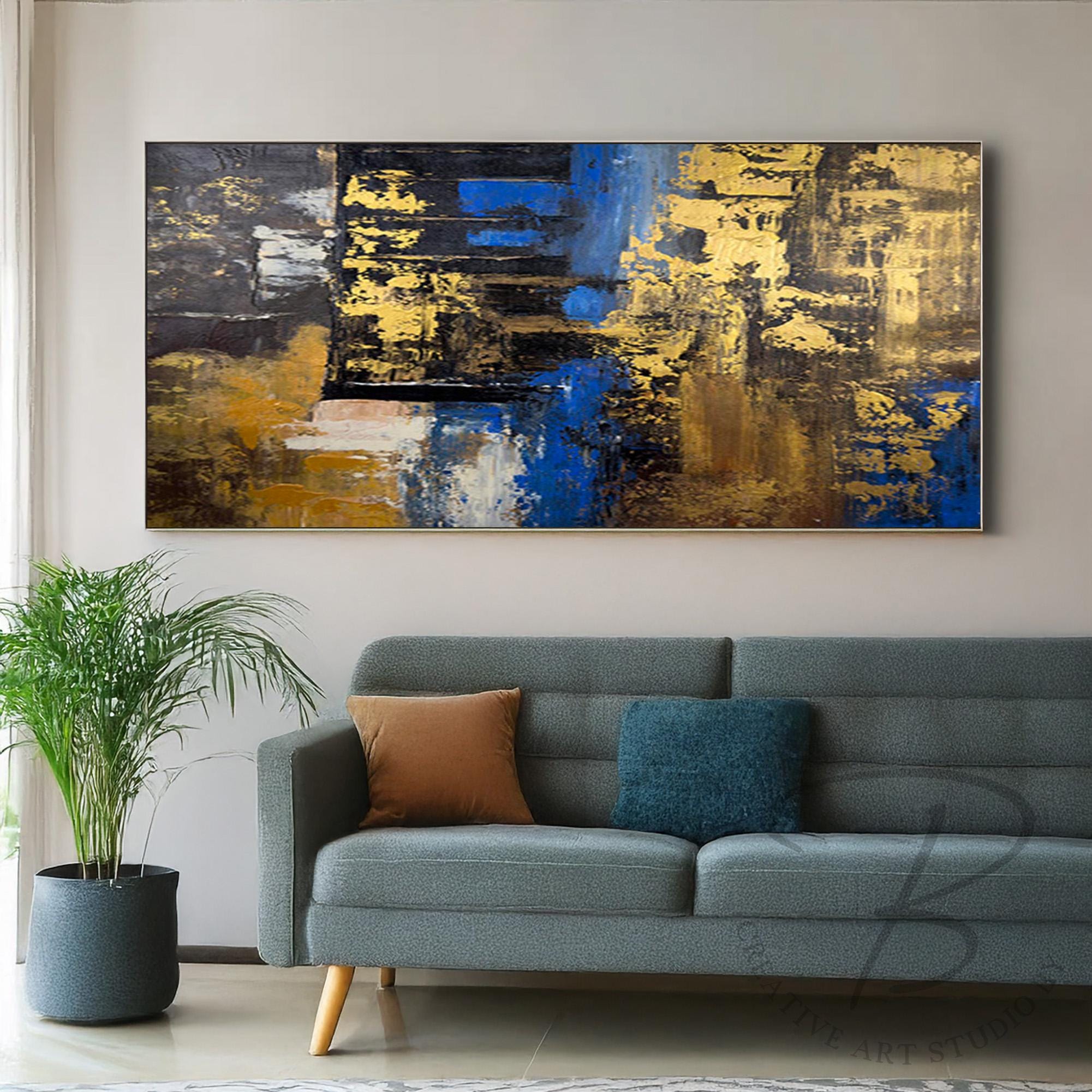 Blue Gold Abstract Statement Wall Art, Large Textured Painting on ...
