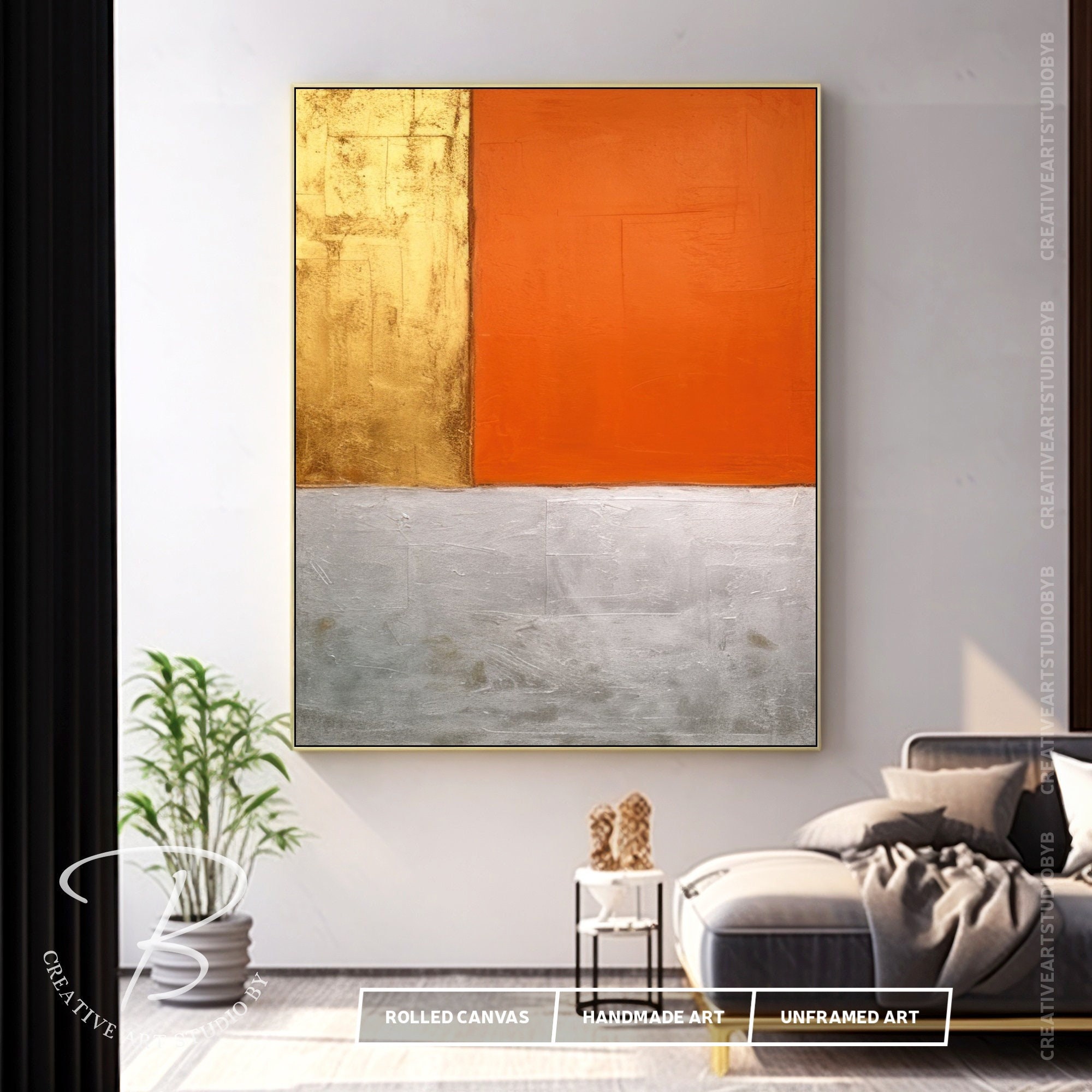 Hand-painted Orange & Gold Texture Wall Art Minimalist - Etsy