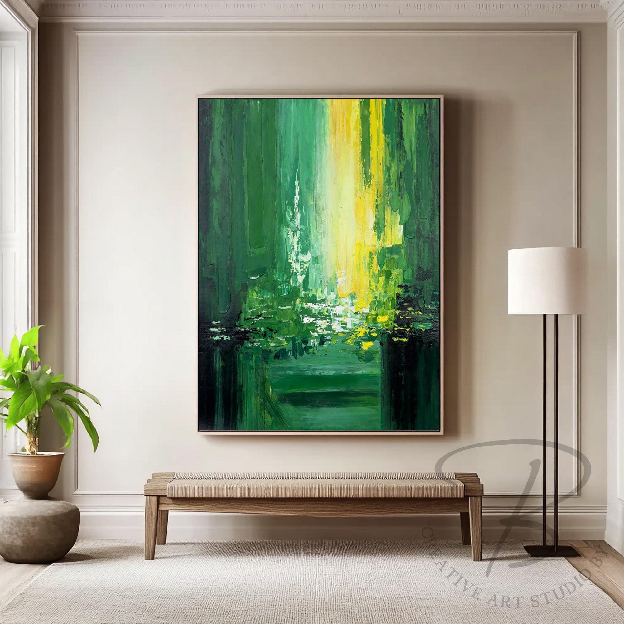 緑と黄色の抽象的な壁アート、エメラルドテクスチャの絵画、モダンな