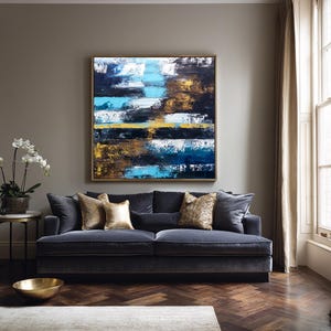 Blue and Gold Abstract Original Canvas Art, Textured Modern Painting with Palette Knife for Living Room, Large Wall Art Decor
