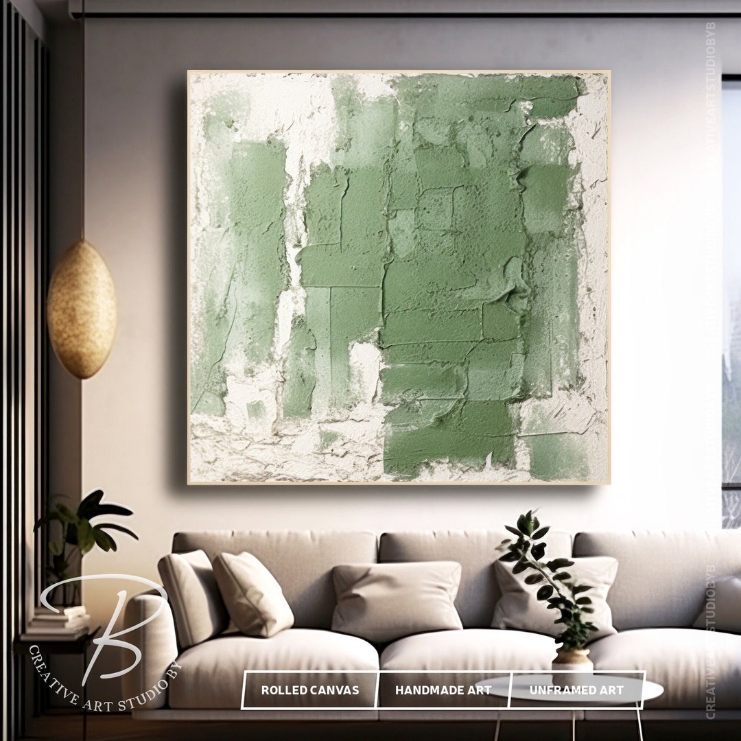 Minimalist Green & White Textured Abstract Painting on Canvas, Large ...