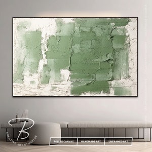 View of Minimalist Green & White Textured Abstract Painting on Canvas, Large ...
