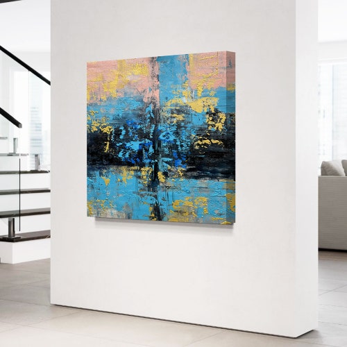 Modern Abstract Wall Art, shops Custom Oil Painting, Large Contemporary Artwork, Original Living Room Wall Decor,Black Blue & Gold Wall Art B00021