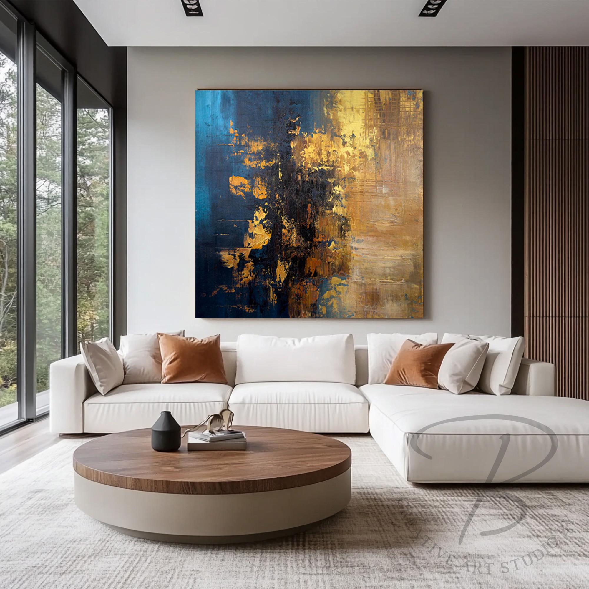 Textured Abstract Wall Art Navy Blue Gold, Original Acrylic Painting on ...