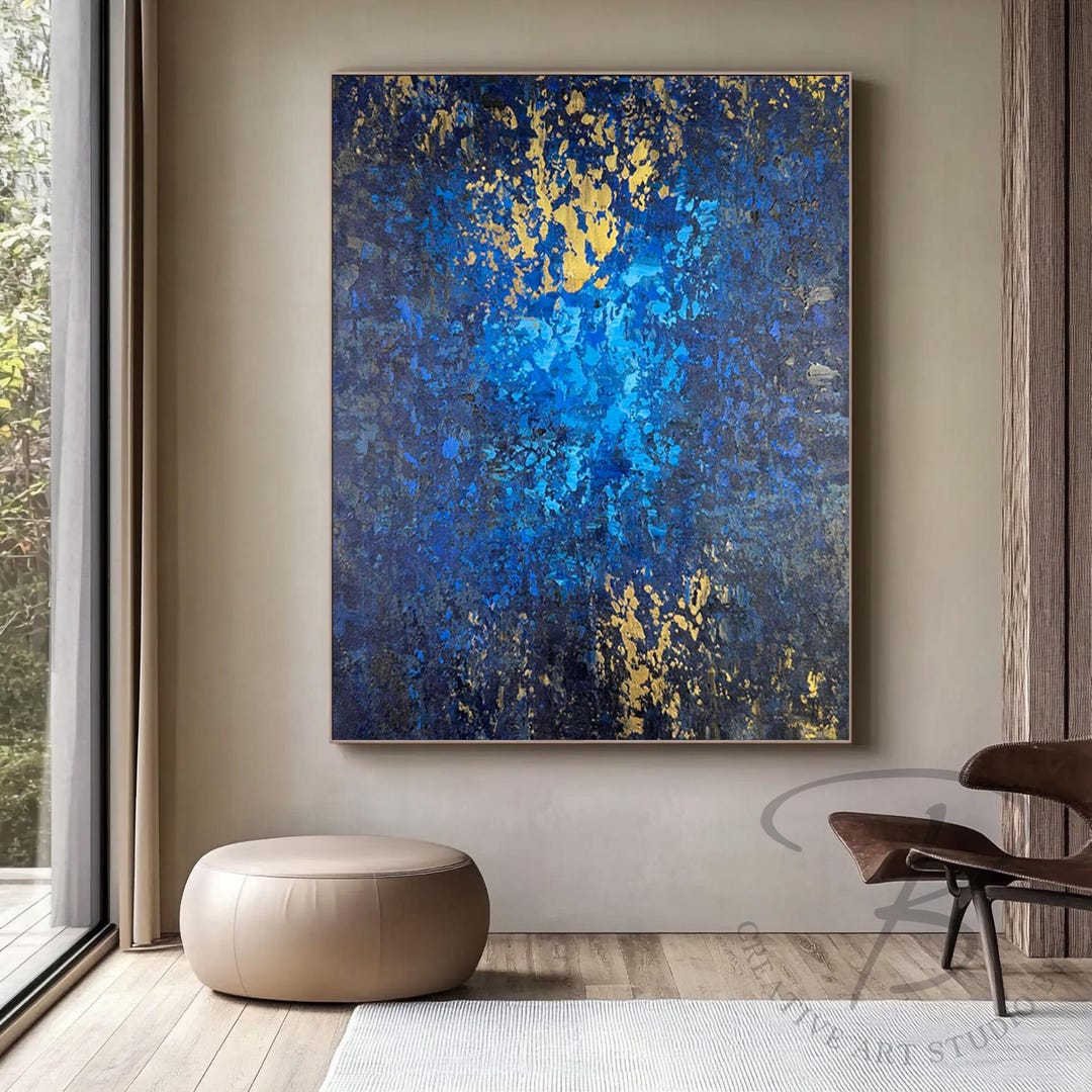 Blue Gold Abstract Wall Art Large Canvas Painting, Navy Textured ...