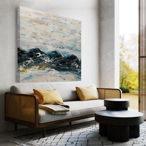 Huge Canvas Painting, shops Black White & Blue Abstract Acrylic Painting, Textured Wall Art, Mountain Wall Art for Room Decor, Oil Painting B00006