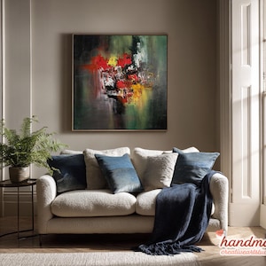 Green and Red Abstract Painting, Original Canvas Art, Handmade Textured Artwork, for Living Room and Home Office, Modern Home Style